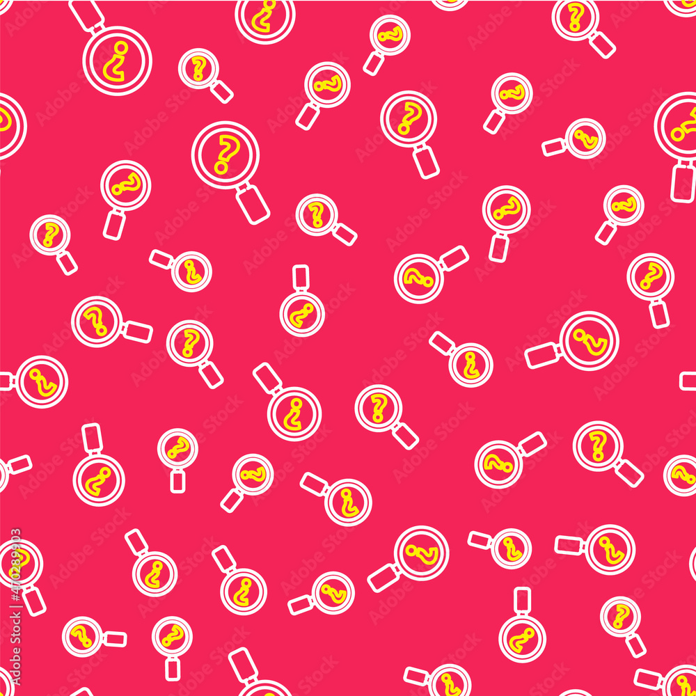 Line Unknown search icon isolated seamless pattern on red background. Magnifying glass and question mark. Vector Line Unknown search icon isolated seamless pattern on red background. Magnifying glass and question mark. Vector