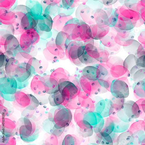 Pink, blue and grey transparent petals in a white background. Abstract seamless pattern