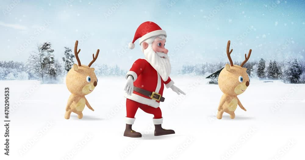 Santa And His Funny Reindeer Friends Dancing At The North Pole. Snowy ...