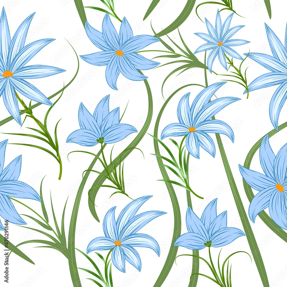 Seamless pattern with blue flowers and tropical palm leaves, jungle vector background, plants, botanical design for fashion, fabric Seamless pattern with blue flowers and tropical palm leaves, jungle vector background, plants, botanical design for fashion, fabric