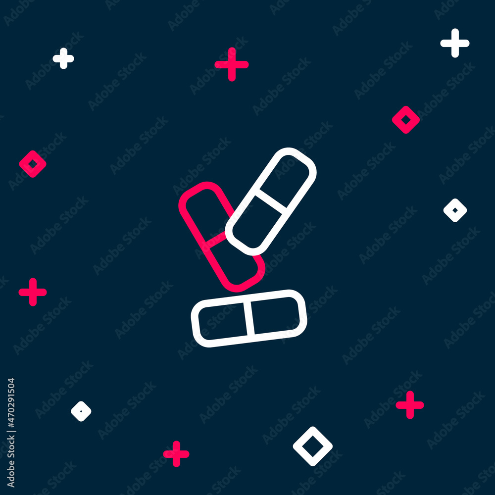 Line Vitamin complex of pill capsule icon isolated on blue background. Healthy lifestyle. Colorful outline concept. Vector Line Vitamin complex of pill capsule icon isolated on blue background. Healthy lifestyle. Colorful outline concept. Vector