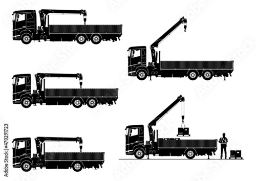 Silhouette of crane lorry. Truck mounted crane. Side view of knuckle boom crane on the truck. Vector.