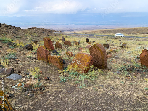 Old Tombstones and Khachkars in the medieval Armenian cemetery in Yenidoğan Village, Igdir Province in Eastern Turkey