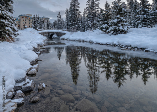 Sunrise with pedestrian bridge at Lake Louise in Banff National Park, Alberta, Canada