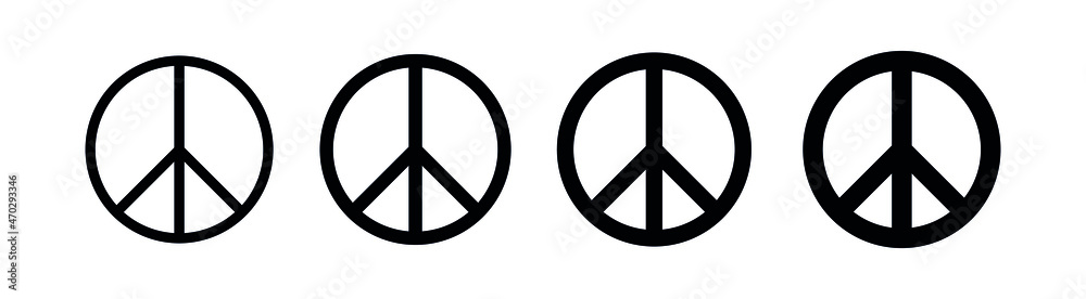 A set of peace signs of different thicknesses. Peace symbols, peace pictograms isolated on white background. International symbol of the antiwar movement of the disarmament of the world, vector. - obrazy, fototapety, plakaty 