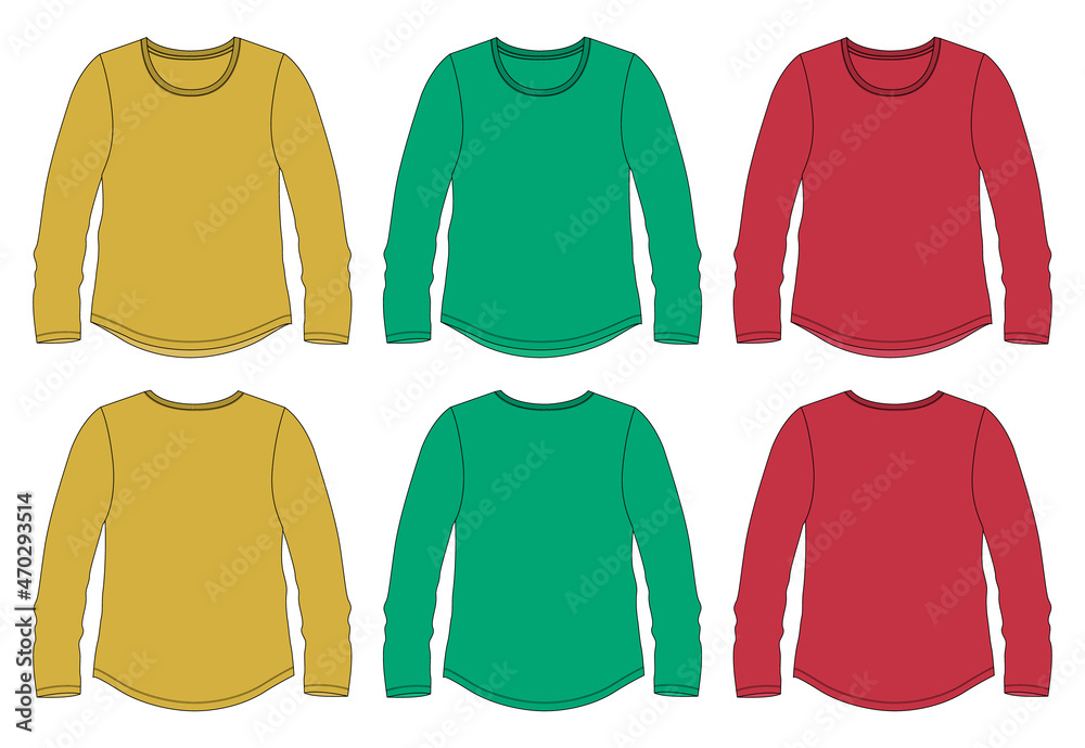 Multi color Relax fit Long Sleeve T-Shirt overall technical Fashion Flat Sketch vector template for Women's. Apparel design blank t shirt mock up front, back views isolated on white background. Multi color Relax fit Long Sleeve T-Shirt overall technical Fashion Flat Sketch vector template for Women's. Apparel design blank t shirt mock up front, back views isolated on white background.