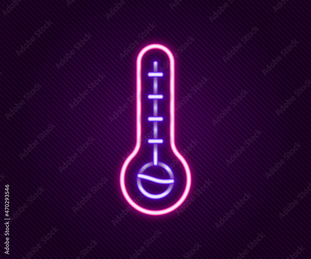 Glowing neon line Meteorology thermometer measuring heat and cold icon isolated on black background. Thermometer equipment showing hot or cold weather. Colorful outline concept. Vector