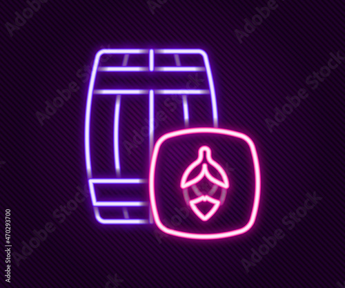 Glowing neon line Wooden barrel icon isolated on black background. Alcohol barrel, drink container, wooden keg for beer, whiskey, wine. Colorful outline concept. Vector