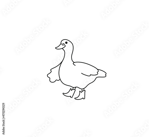 Vector isolated cute cartoon goose in boots contour line drawing. Colorless black and white doodle funny goose outline sketch