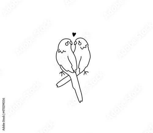 Vector isolated cute cartoon pair of lovesick parrots line drawing. Two lovebirds parrots in love contour doodle drawing