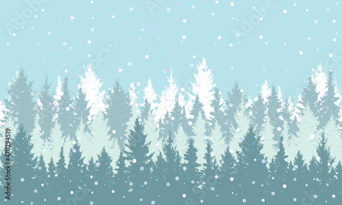 Winter forest with show background, nature, landscape. Silhouette of Christmas trees. Vector illustration