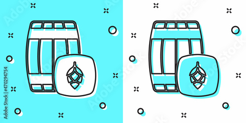 Black line Wooden barrel icon isolated on green and white background. Alcohol barrel, drink container, wooden keg for beer, whiskey, wine. Random dynamic shapes. Vector