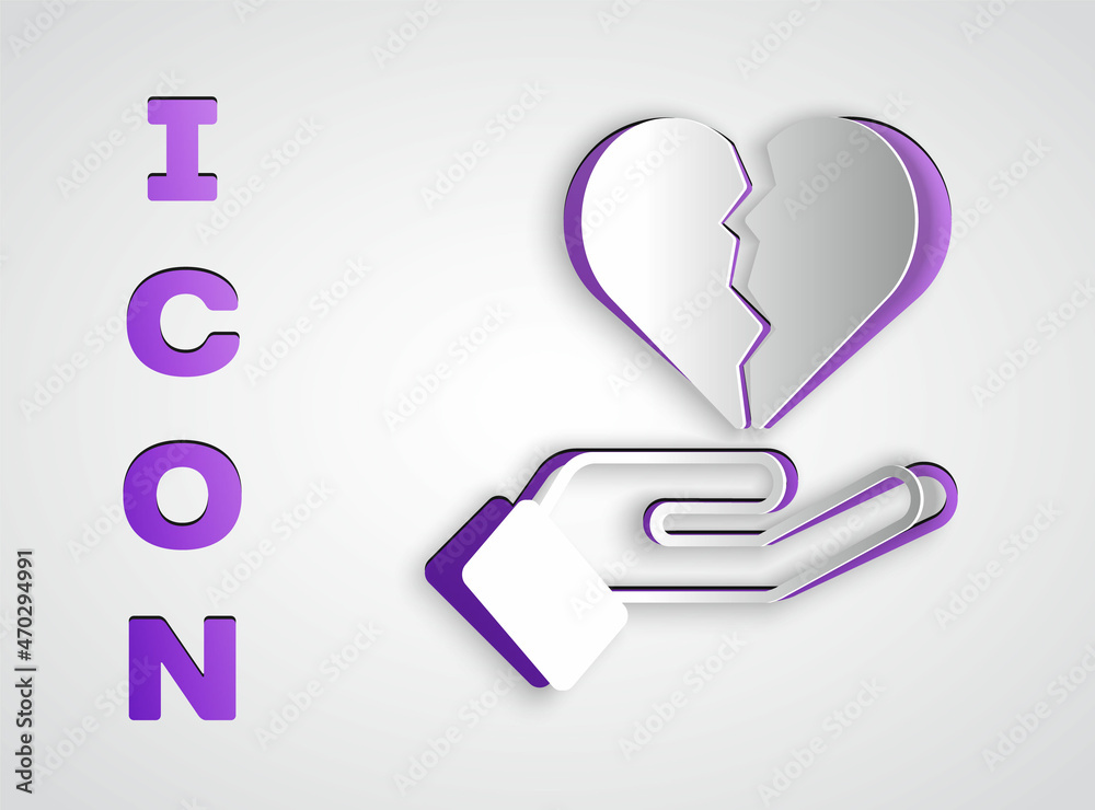 Paper cut Broken heart or divorce icon isolated on grey background. Love symbol. Valentines day. Paper art style. Vector Paper cut Broken heart or divorce icon isolated on grey background. Love symbol. Valentines day. Paper art style. Vector