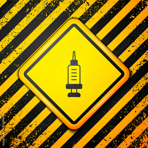 Black Addiction to the drug icon isolated on yellow background. Heroin, narcotic, addiction, illegal. Sick junkie with a syringe and medical pills. Warning sign. Vector