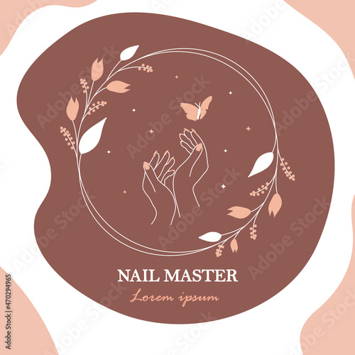 Hand logo in a minimal linear style.Elegant floral frame with hand and butterfly on abstract background. Vector emblem perfect for logotype design or labels of nail masters,beauty salon,cosmetics