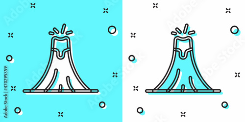 Black line Volcano eruption with lava icon isolated on green and white background. Random dynamic shapes. Vector