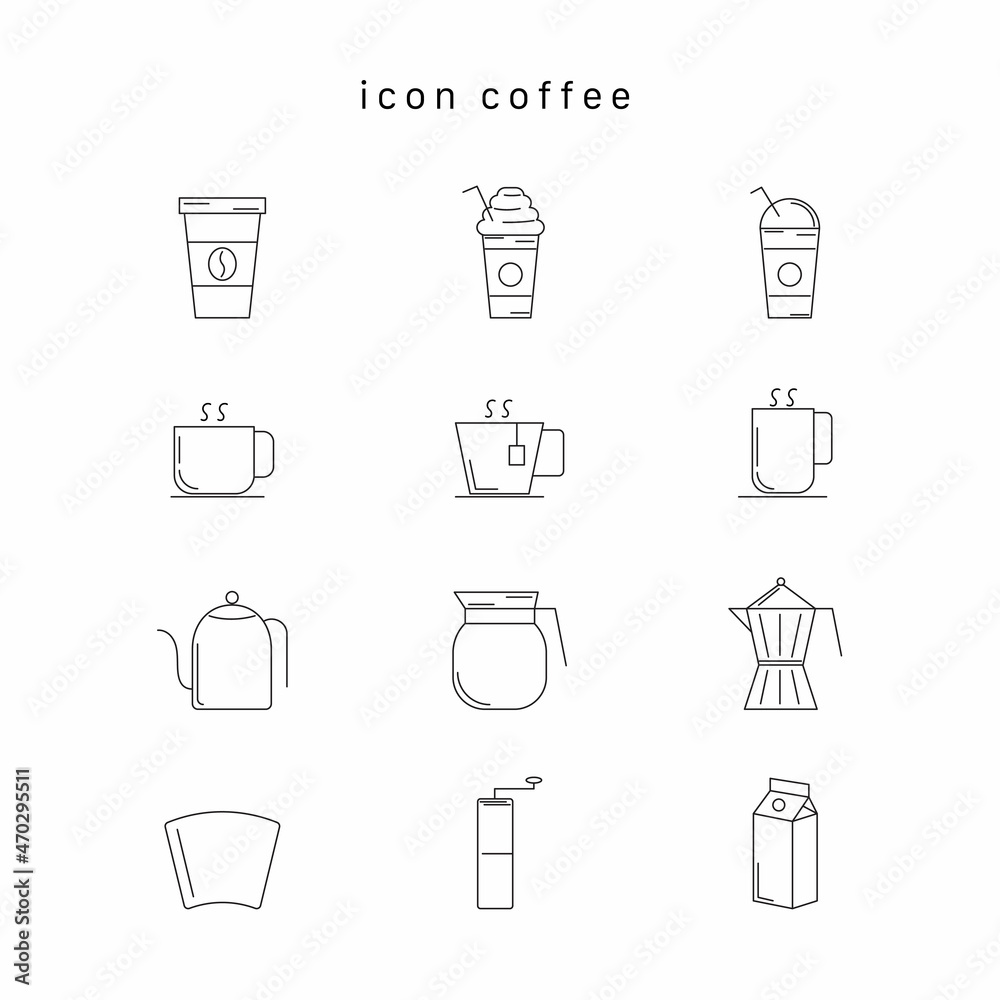 Icon set coffee, tea, beverage. Black outline icon, isolated with background, vector. Icon set coffee, tea, beverage. Black outline icon, isolated with background, vector.