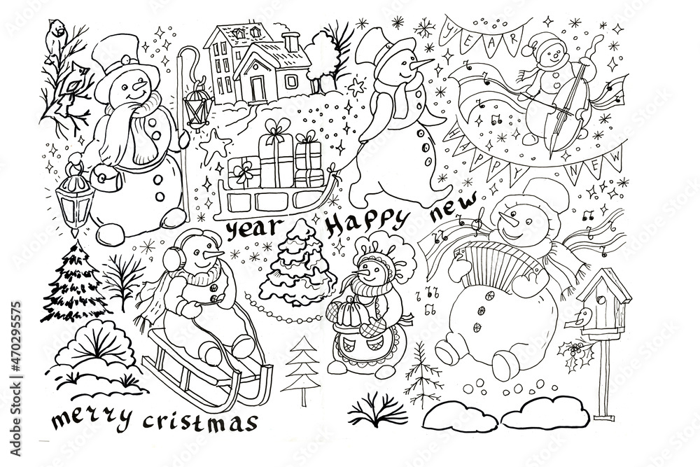 
snowman new year christmas graphic hand-drawn illustration. cute baby coloring print


