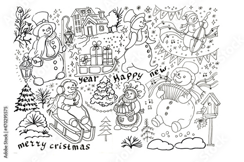  snowman new year christmas graphic hand-drawn illustration. cute baby coloring print