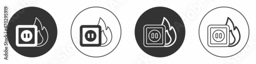 Black Electric wiring of socket in fire icon isolated on white background. Electrical safety concept. Plug outlet on fire. Circle button. Vector