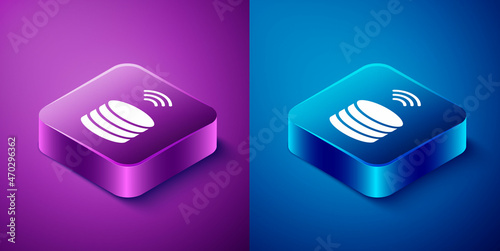 Isometric Smart Server, Data, Web Hosting icon isolated on blue and purple background. Internet of things concept with wireless connection. Square button. Vector