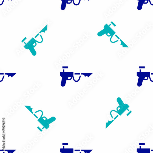 Blue Fishing harpoon icon isolated seamless pattern on white background. Fishery manufacturers for catching fish under water. Diving underwater equipment. Vector