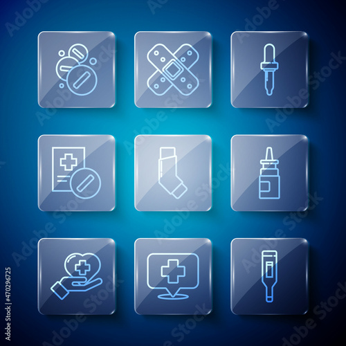 Set line Heart with a cross, Map pointer hospital, Medical digital thermometer, Pipette, Inhaler, prescription, Medicine pill or tablet and Bottle nasal spray icon. Vector