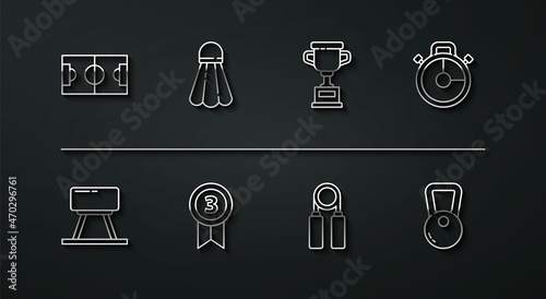 Set line Football or soccer field, Pommel horse, Stopwatch, Sport expander, Medal, Badminton shuttlecock, Kettlebell and Award cup icon. Vector