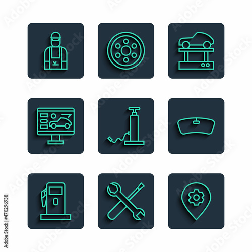 Set line Petrol or Gas station, Screwdriver and wrench spanner, Location with car service, Repair lift, Car pump, Diagnostics condition of, mechanic and Windshield icon. Vector