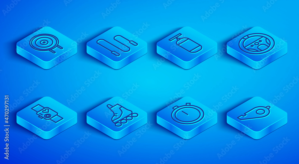 Set line Target sport, Jump rope, Punching bag, Roller skate, Stopwatch, Steering wheel, Smart showing heart beat rate and Whistle icon. Vector Set line Target sport, Jump rope, Punching bag, Roller skate, Stopwatch, Steering wheel, Smart showing heart beat rate and Whistle icon. Vector