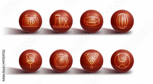 Set line Sport mechanical scoreboard, Golf ball on tee, Rugby, Billiard balls in rack triangle, Stopwatch, Chess, Tennis and Hockey puck icon. Vector