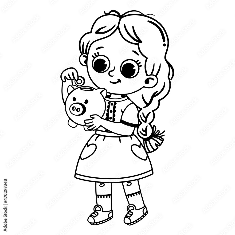 Black and white vector illustration of a cute girl saving money in a piggybank. Black and white vector illustration of a cute girl saving money in a piggybank.