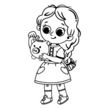 Black and white vector illustration of a cute girl saving money in a piggybank.
