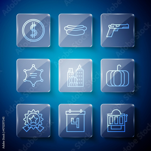 Set line Medal with star, Calendar date July 4, Slot machine, Pistol or gun, City landscape, Hexagram sheriff, Coin money dollar and Pumpkin icon. Vector