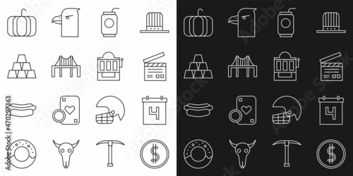 Set line Coin money with dollar, Calendar date July 4, Movie clapper, Soda can straw, Golden gate bridge, bars, Pumpkin and Slot machine icon. Vector