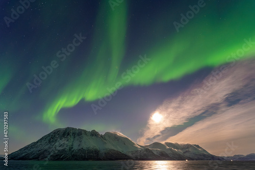 tanzende Nordlichter über den Lyngenalps in Norwegen, mit Vollmond. Aurora Borealis an einem hellen Herbstabend über verschneiten Bergen auf der Kreuzfahrt nach Tromsø.