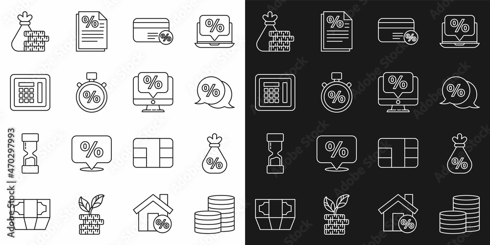Set line Coin money, Money bag with percent, Discount tag, card, Stopwatch and, Safe, coin and Percent discount monitor icon. Vector Set line Coin money, Money bag with percent, Discount tag, card, Stopwatch and, Safe, coin and Percent discount monitor icon. Vector