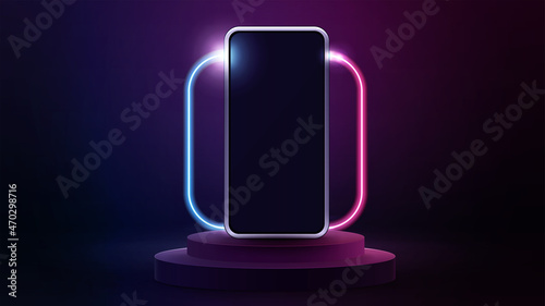 Smartphone mock up on podium with line gradient neon square frame with rounded corners.