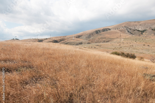 Landscape view of picturesque crimean steppe in autumn near Koktebel resort, Russian Federation