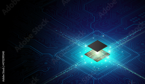  CPU Chip on Motherboard. Central Computer Processors CPU concept. Quantum computer, large data processing, database concept. Futuristic microchip processor. Digital chip.