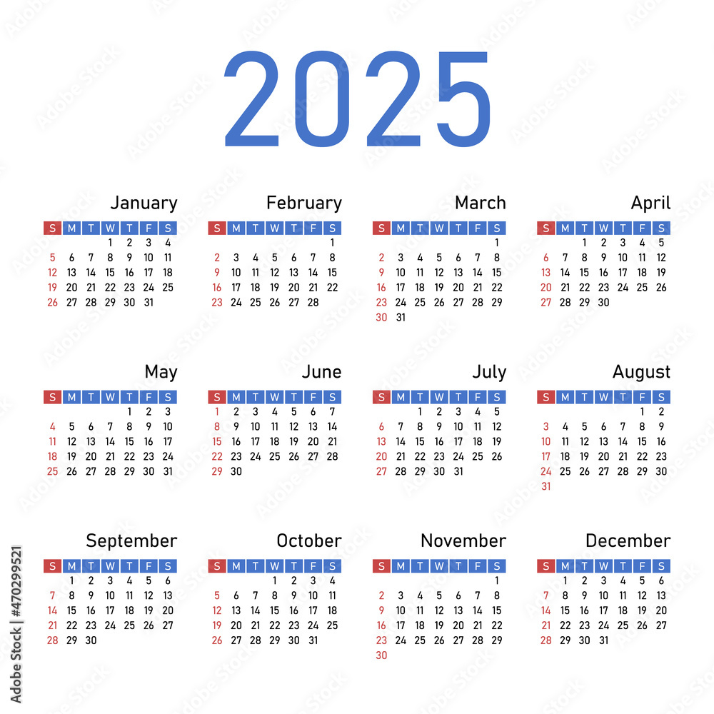 English calendar for 2025. Week starts on Sunday. Vector illustration. English calendar for 2025. Week starts on Sunday. Vector illustration.