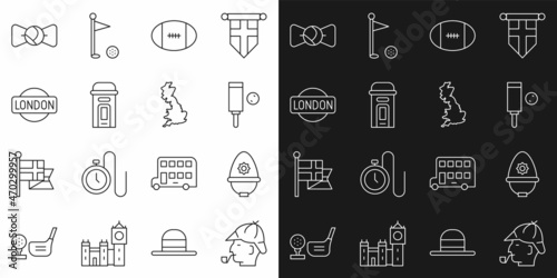 Set line Sherlock Holmes, British police helmet, Wood cricket bat and ball, Rugby, London phone booth, sign, Bow tie and England map icon. Vector