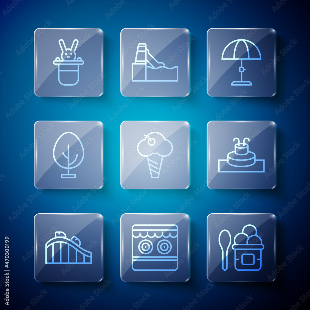 Set line Roller coaster, Shooting gallery, Ice cream bowl, Sun protective umbrella, waffle cone, Tree, Magician hat and rabbit and Fountain icon. Vector Set line Roller coaster, Shooting gallery, Ice cream bowl, Sun protective umbrella, waffle cone, Tree, Magician hat and rabbit and Fountain icon. Vector