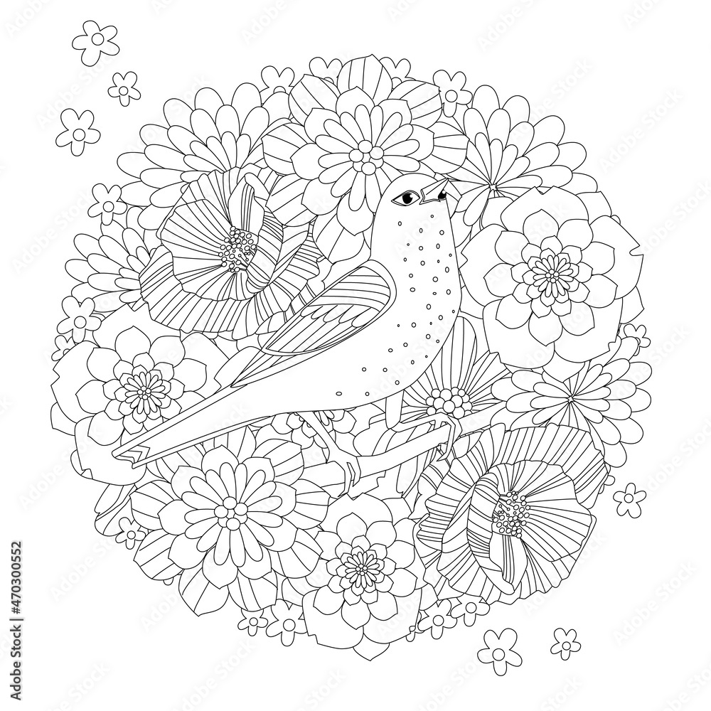 Naklejka premium lovely bird in abstract meadow of flowers for your coloring book