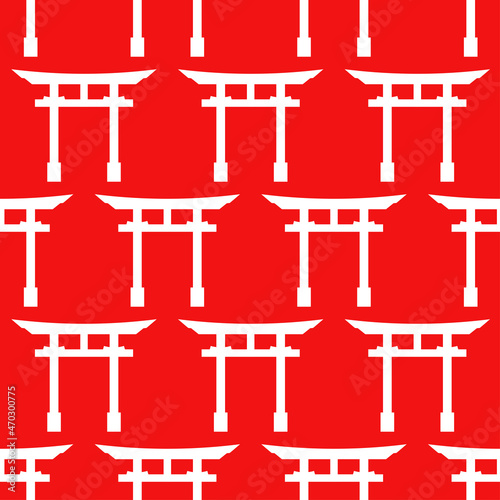 Seamless pattern with torii gate. Traditional japan gate sign. Background in asia style on red background in white color. Oriental print design for wrapping paper, fabric, textile. Vector Illustration