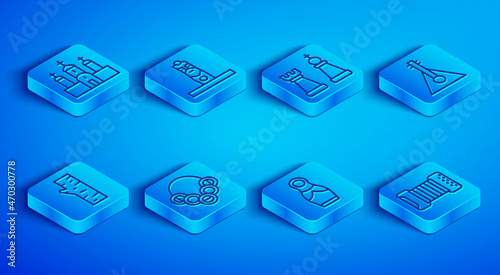 Set line Church building, Slavic pagan idol, Chess, Russian bagels, doll matryoshka, Balalaika, Birch tree and Accordion icon. Vector