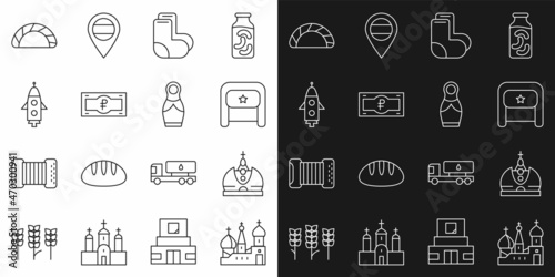 Set line Saint Basil's Cathedral, King crown, Ushanka, Valenki, Russian ruble banknote, Rocket ship, Dumpling and doll matryoshka icon. Vector