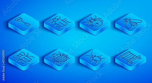 Set line Fly swatter, Chafer beetle, Spider, Colorado, Cockroach, Bee, Stink bug and Hive for bees icon. Vector