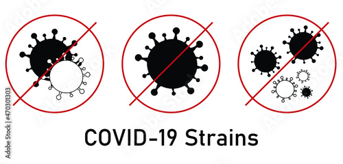 Vector warning about new COVID-19 strains which are crossed off in circles. Black writing and germs on white background. Coronavirus  COVID-19 Delta Variant. 