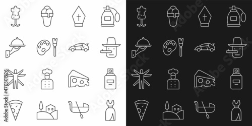 Set line Woman dress, Perfume, Pinocchio, Pope hat, Paint brush with palette, Covered tray of food, Mannequin and Sport racing car icon. Vector